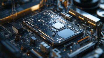 A closeup view captures the intricate circuitry of a smartphones open casing revealing secure chips and components involved in the data recovery process. Tools such as screwdriver photo