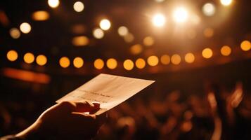 Closeup of a judges hand holding a scorecard with dramatic stage lighting reflecting off the card while the blurred faces of excited audience members can be seen clapping in celebratio photo