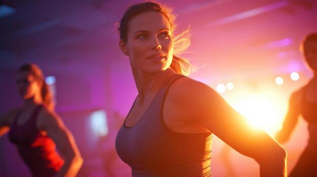 An action shot of a fitness instructor leading a group exercise captured dynamically on camera with the studios ambient lighting creating a warm glow and the blurred outlines of gy photo