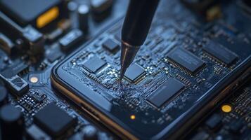 A closeup view captures the intricate circuitry of a smartphones open casing revealing secure chips and components involved in the data recovery process. Tools such as screwdriver photo