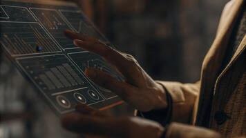 A closeup of a hand swiping through holographic menu options with data analytics graphs and models appearing in midair demonstrating intuitive user interfaces.. photo