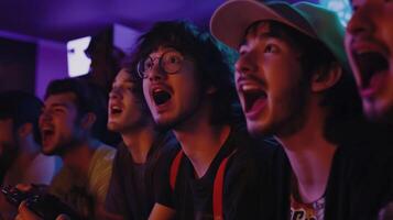 Excited gamers playing and cheering while streaming online game photo