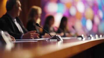 The camera angle captures the speakers at a long table animatedly gesturing as they present their views on pressing local issues. The lighting casts dramatic shadows while the blurre photo