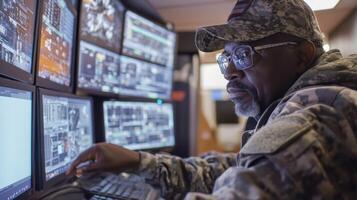 A mentor oversees the simulation from a control station monitoring multiple screens displaying various team activities and cyber threat simulations. The mentors face reflects a blen photo