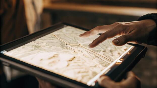 A closeup of a digital touchpad where a user taps to rotate and zoom in on a holographic map revealing layers of project information for enhanced planning.. photo