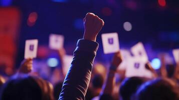 A closeup of a host raising a hand in excitement with a blurred crowd in the background holding up donation cards reflecting the collective effort and commitment to the cause bein photo