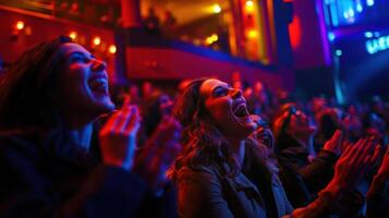A wide shot of the studio audience reacting with laughter and applause their faces a blur of excitement under the colorful ambient lighting that cascades across the stage enhancin photo