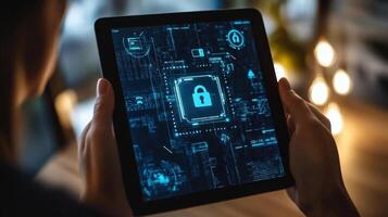 A closeup of a tablet held in hands showcasing a user interface with features for secure data sharing and communication. Visual elements include digital locks graphs denoting securit photo