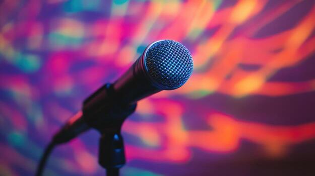 Closeup of a microphone picking up the vibrant dialogue with a faint background of colorful soundwave patterns projected onto a soft wall creating an inviting atmosphere for the podcas photo
