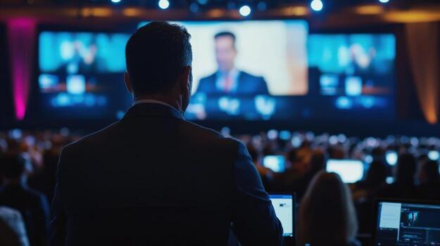 A behindthescenes shot showcasing the production team focused on monitoring the live stream with multiple screens displaying the event feed while the softly blurred audience react photo