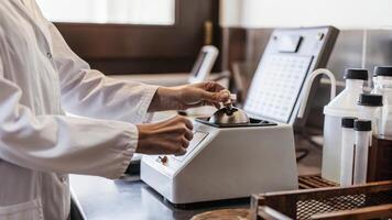A biologist in a lab coat carefully manipulating a microcentrifuge with a digital display showing precise settings for DNA processing in the background.. photo