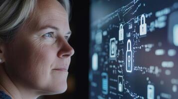 A closeup of a developers thoughtful expression as they examine a screen displaying a cloudnative application with highlighted security features while a digital lock icon and firewal photo