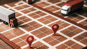 A detailed view of a hologram illustrating transportation routes with animated markers representing trucks and containers in motion across the grid.. photo