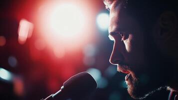 A closeup shot of a charismatic athlete speaking passionately into a microphone with bright studio lights reflecting off their determined expression. In the background the outline photo