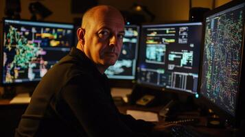 A focused expression on an analysts face illuminated by the soft glow of multiple monitors showing intricate graphs and data points that represent the relationships and interaction photo