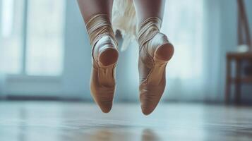 Ballerina performing a jump in pointe shoes in dance studio photo