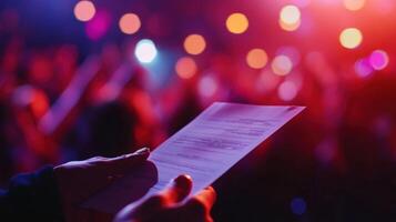 Closeup of a judges hand holding a scorecard with dramatic stage lighting reflecting off the card while the blurred faces of excited audience members can be seen clapping in celebratio photo