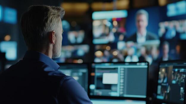 A behindthescenes shot showcasing the production team focused on monitoring the live stream with multiple screens displaying the event feed while the softly blurred audience react photo