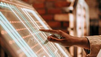 A closeup of a hand adjusting holographic sliders and switches on a transparent interface with vivid data streams flowing around.. photo