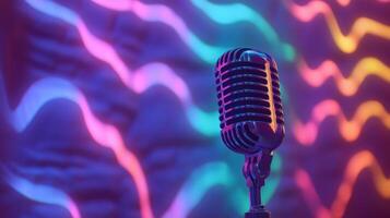 Closeup of a microphone picking up the vibrant dialogue with a faint background of colorful soundwave patterns projected onto a soft wall creating an inviting atmosphere for the podcas photo