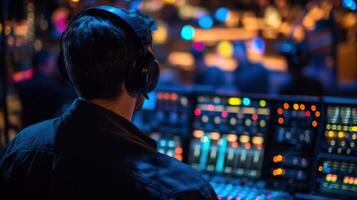 Sound engineer mixing music at live concert, wearing headphones and using a mixing console photo