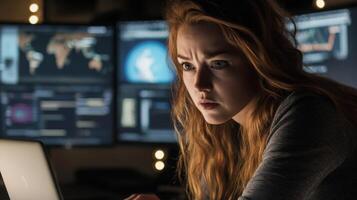 A closeup of a woman intently typing on a laptop her brow furrowed in concentration while digital alerts flash across multiple monitors in the background showcasing the chaotic ye photo