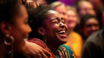 A wideangle view of the reunion stage showcasing multiple participants embracing with one person visibly smiling through tears. The audience softly out of focus reveals a sea of mixe photo
