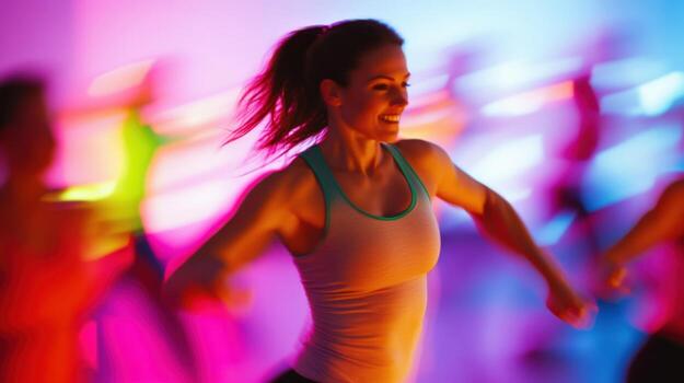 An action shot of a fitness instructor leading a group exercise captured dynamically on camera with the studios ambient lighting creating a warm glow and the blurred outlines of gy photo
