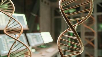 Multiple layers of holographic DNA sequences and gene expressions rotate in midair surrounded by various hightech laboratory instruments and monitors emitting soft glows.. photo