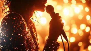 A closeup of a gl performer in a sequined gown holding a microphone with the glow of golden lights reflecting off their hairstyle and the blurred silhouettes of the audience creatin photo