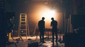 Silhouetted filmmakers collaborating in a studio setting photo