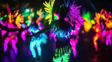 A closeup shot reveals the vibrant lighting design highlighting the performers with a backdrop of energetic fans blurred in motion adding a sense of excitement and intensity to th photo