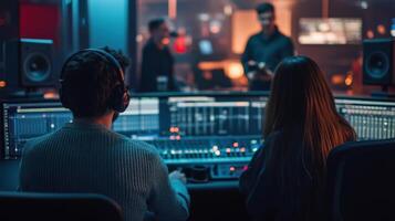 Audio engineers collaborating in modern studio environment photo