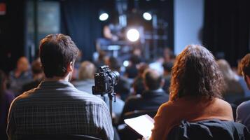 The camera captures a dynamic exchange between the hosts with one holding a notepad while the background shows the indistinct silhouettes of the audience emphasizing the contrast betwee photo