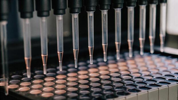 A closeup of an automated pipetting system with precision tips poised above a multiwell plate ready to dispense various colored liquids into the wells for an experiment.. photo