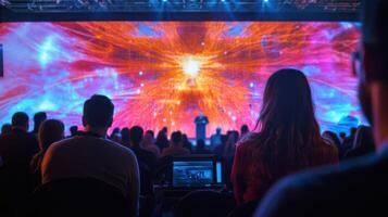 A dynamic scene capturing the moment a keynote speaker reveals groundbreaking technology with bright abstract visuals illuminating the backdrop while audience members watch in awe thei photo