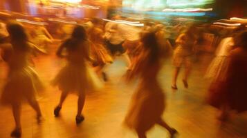 their movements are blurred emphasizing the energy and excitement of the dance contest atmosphere photo