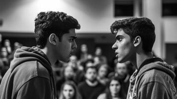 A tense confrontation brewing between two participants with intensity in their expressions and body language. Behind them the audience is slightly blurred with some members whisperin photo