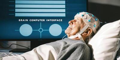 A serene image of an elderly man reclining with a braincomputer interface helmet his eyes closed demonstrating a meditative state while monitoring his brain activity on a digital. photo