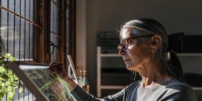 A senior womans thoughtful expression captured as she analyzes trends displayed on a futuristic digital interface with wellarranged lab tools and bright lighting enhancing the. photo