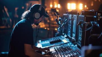 A sound technician adjusting microphones on set with blurred equipment and crew members preparing for the next scene highlighting the behindthescenes coordination essential for movi photo
