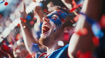 Excited sports fan celebrating with painted face at stadium event photo