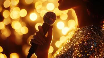 A closeup of a gl performer in a sequined gown holding a microphone with the glow of golden lights reflecting off their hairstyle and the blurred silhouettes of the audience creatin photo