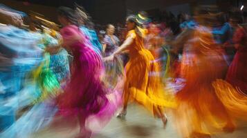 Dancers wearing colorful dresses moving energetically creating motion blur effect photo