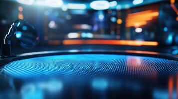 A closeup of a modern news anchors desk equipped with hightech gadgets and a glossy surface reflecting the ambient lights. The fuzzy outlines of colleagues discussing offcamera creat photo