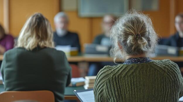 An overtheshoulder view of one host leading the conversation with notes and an array of books visible on the table. The blurred audience behind them appears engaged and reflective photo