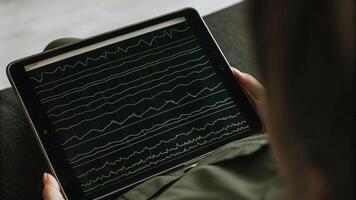 A closeup of the EEG sensor interface displaying realtime brainwave data on a tablet screen showing spikes and waves as the user meditates with the sensor visibly attached to their. photo
