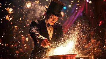 A magician captivates the audience with a mesmerizing trick the stage adorned with shimmering prop photo