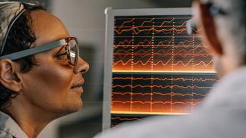 A scientist examining a patient through augmented reality glasses with an overlay displaying detailed brainwave patterns and emotional stress indicators represented by a palette of. photo