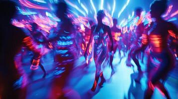 A closeup shot reveals the vibrant lighting design highlighting the performers with a backdrop of energetic fans blurred in motion adding a sense of excitement and intensity to th photo